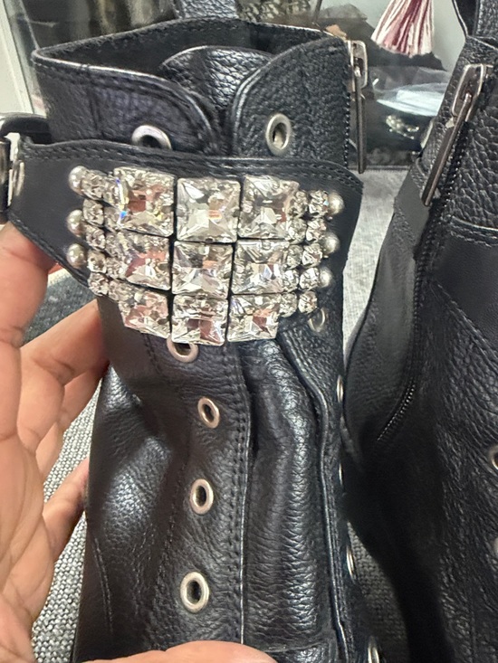 Karl Lagerfeld Black Leather Combat Boots with Crystal Strap - Picture 2 of 4